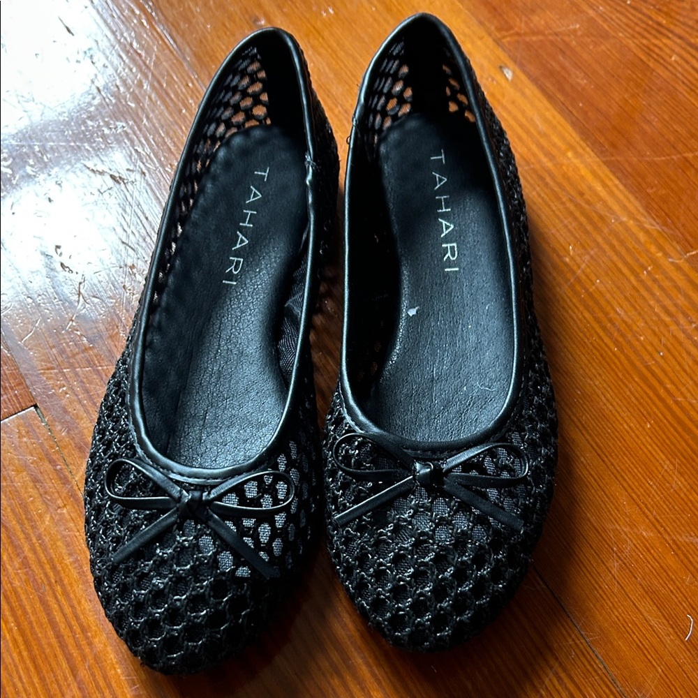 Tahari Black Mesh Bow Ballet Flats